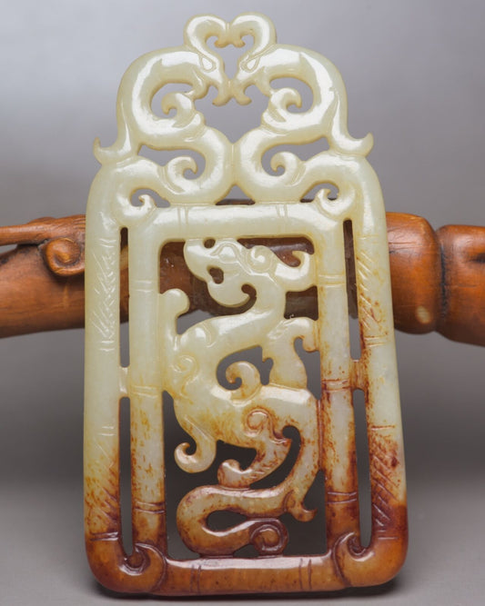 Chinese Old Natural Hetian Jade Carved Dragon Phoenix Statue Lucky Pendant Gift