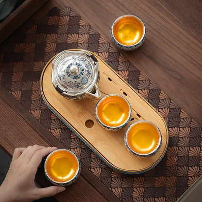 Chinese Silver Plated Travel Tea Set 1 Teapot 2 Cups Gift Box Gongfu