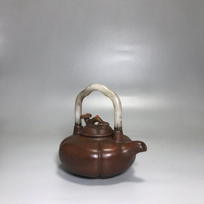 Chinese Yixing Zisha Clay Handmade Exquisite Teapot （如意镶玉提梁 底款：杨鹏年）