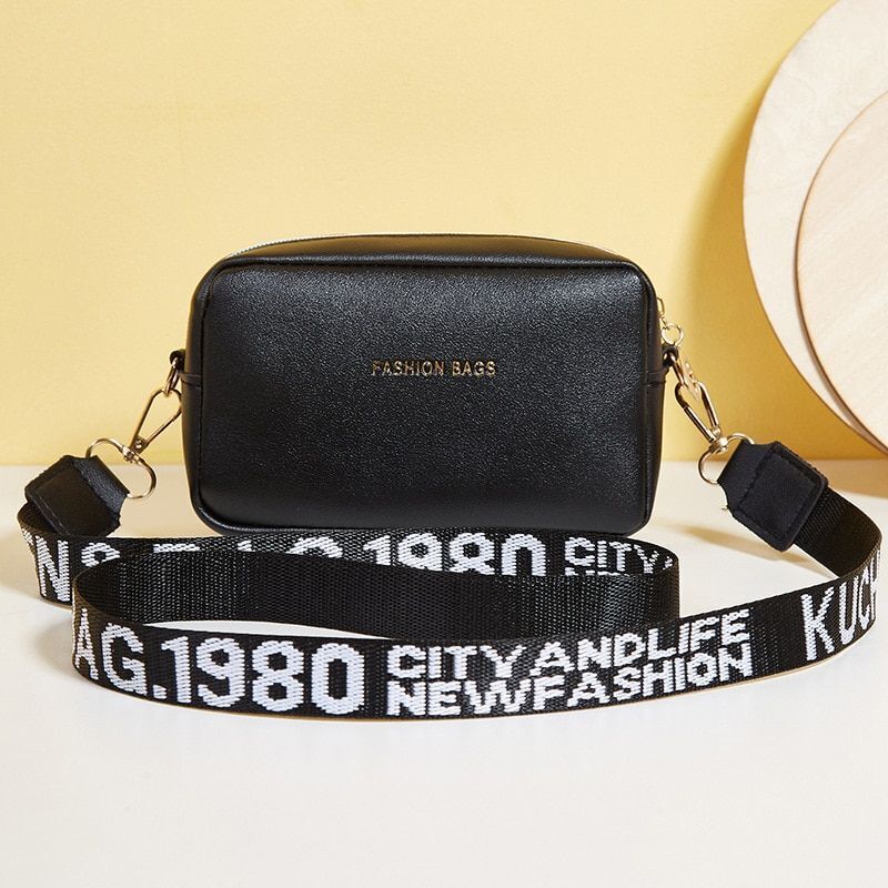 Simple Style Small Shoulder Bag Solid Color Leather Wide Strap Crossbody Handbag