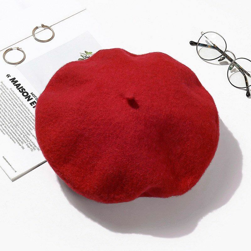 Wool Beret Hats Women Pure Felt British Style Solid Color Slouchy Winter Female