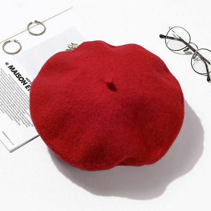 Wool Beret Hats Women Pure Felt British Style Solid Color Slouchy Winter Female