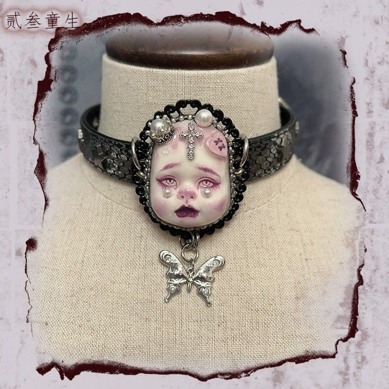 Gothic Crying Doll Head Choker Lace Pearl Butterfly Pendant Necklace