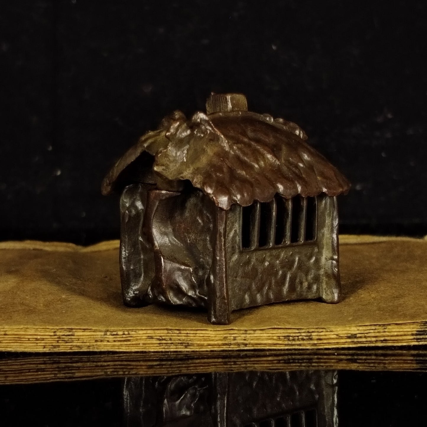 Chinese Antique Bronze Handheld Tree House Incense Burner Statue Ornament