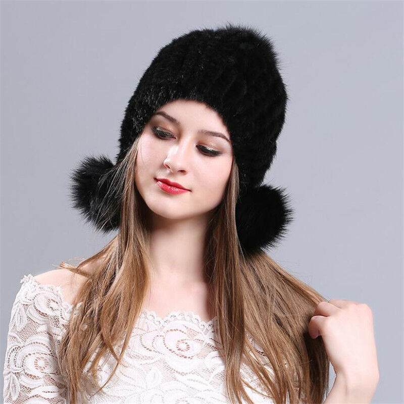 Winter Graceful Women Mink Fur Hats Real Knitted Fur Caps with Fox Fur Earflaps