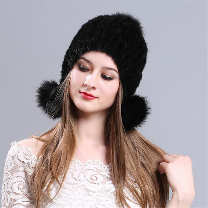 Winter Graceful Women Mink Fur Hats Real Knitted Fur Caps with Fox Fur Earflaps