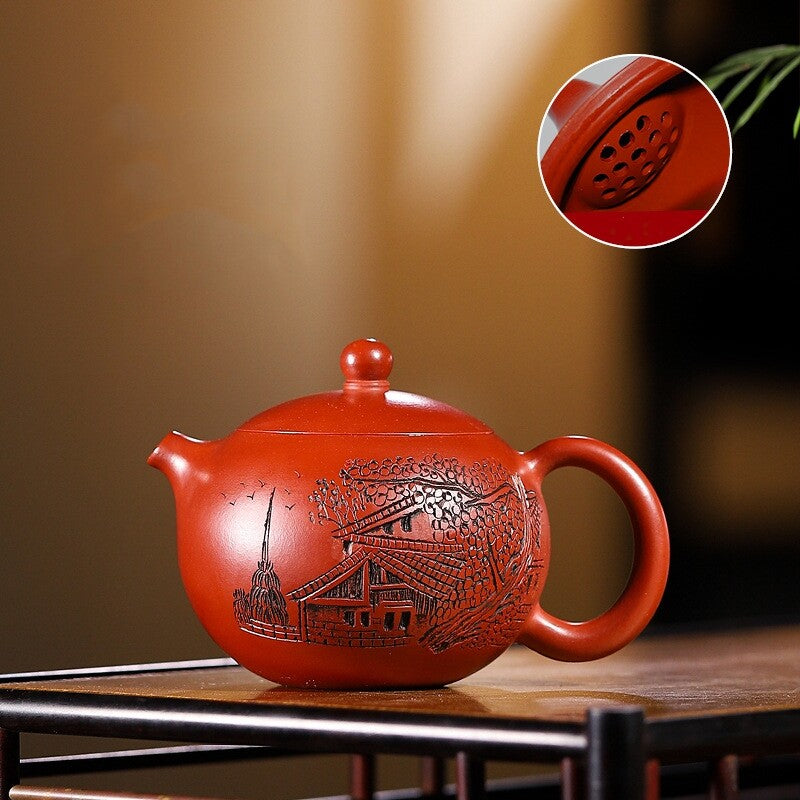 110ml Tea Pot Ball Shaped Infuser Holes Full Handmade Carved House Marked Xishi