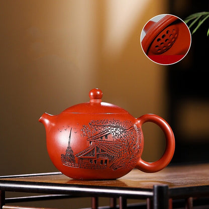 110ml Tea Pot Ball Shaped Infuser Holes Full Handmade Carved House Marked Xishi