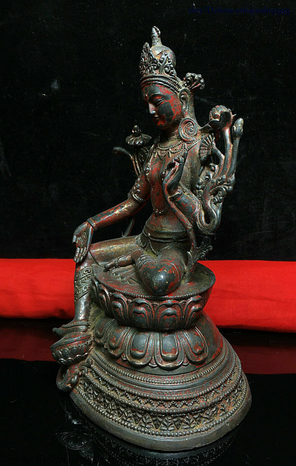 Old Dynasty China Buddhism Tibet Temple Bronze Green Tara Kwan-Yin Buddha Statue