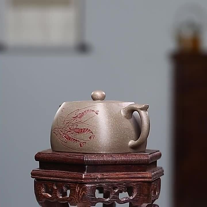 Full Handmade Tea Pot Marked Hand Carved Shrimp Yixing Zisha Xiekeqing Clay Pot