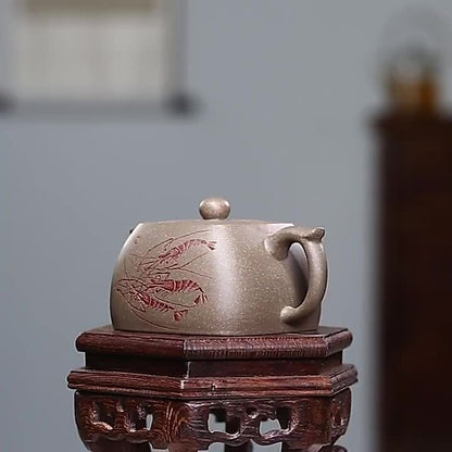 Full Handmade Tea Pot Marked Hand Carved Shrimp Yixing Zisha Xiekeqing Clay Pot