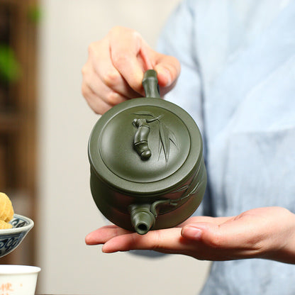 Tea Pot Marked Bamboo Carved Real Yixing Zisha Green Clay Handmade Pot 240ml New
