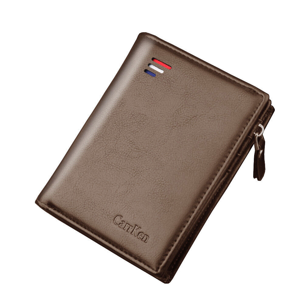 CarrKen Men's Leather Bifold Wallet Slim Business ID Card Pocket Holder Zipper