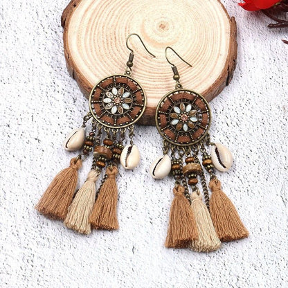 Bohemian Tassel Earrings - Shell Accent Maillard Tone Dangle Drops