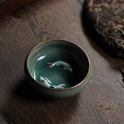 Longquan Porcelain Tea Cup Crackle Glaze Brother Kiln Serving Double Fish Cup