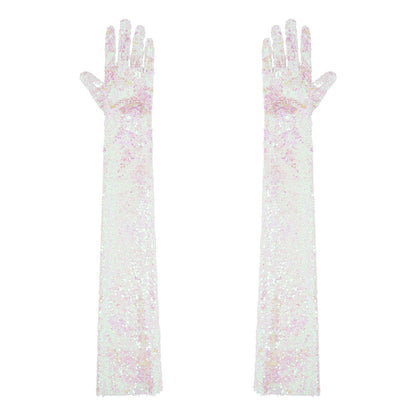 Women Gloves Vintage Shiny Sequin Finger Elbow Length Long Mittens Opera Costume