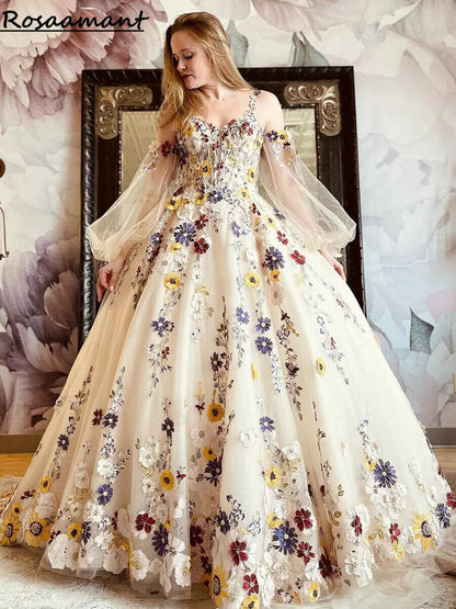Colorful Floral Appliques Wedding Dresses Detachable Sleeve Bridal Gowns Robe