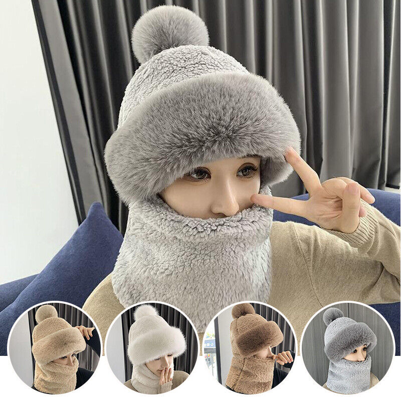 Women Warm Plush Velvet Hats Hooded Thick Scarf Caps Neck Warmer Pullovers Hat