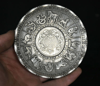 Old Miao Silver Fengshui 12 Zodiac Year Animal Plate Dish Statue Collection