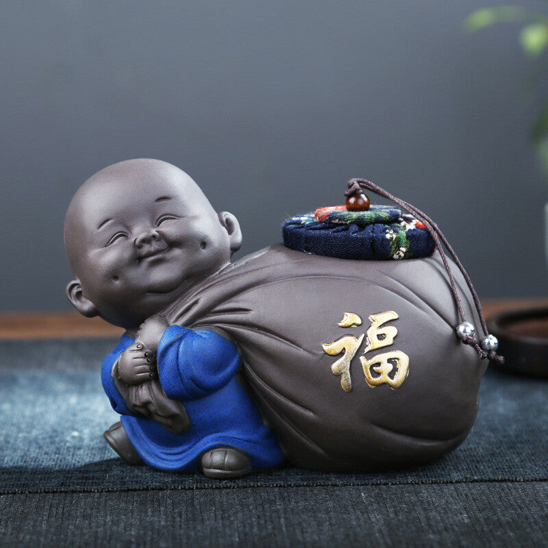 Small Tea Canister With Sealed Lid Yixing Zisha Purple Clay Buddha Statue Caddy