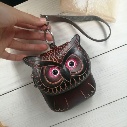 Genuine Leather Owl Coin Purse 3D Ethnic Keychain Bag Phone Pouch Gift