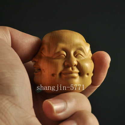 Boxwood Carved 4 Faced Emotions Buddha Head Statue Figurine Collection