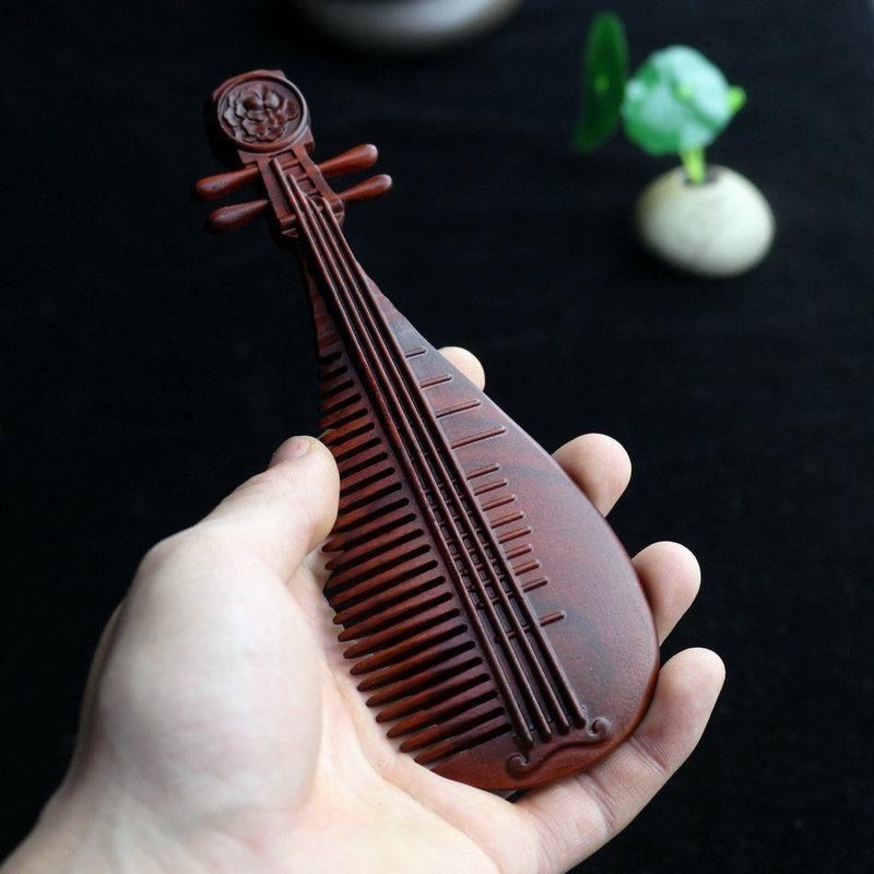 Red Sandalwood Lute Comb Carved Vintage Wooden Comb Ornament