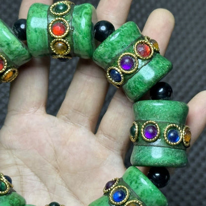 China Tibetan Natural Old Jade Collection Big Beads Green Bracelet Lucky Gift