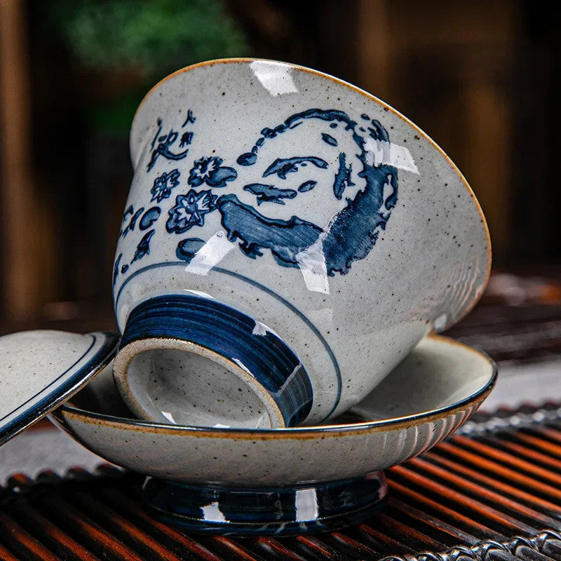 170ml Blue and White Ceramic Handpainted Gaiwan Tea Brewing Bowl Kung Fu Teaware