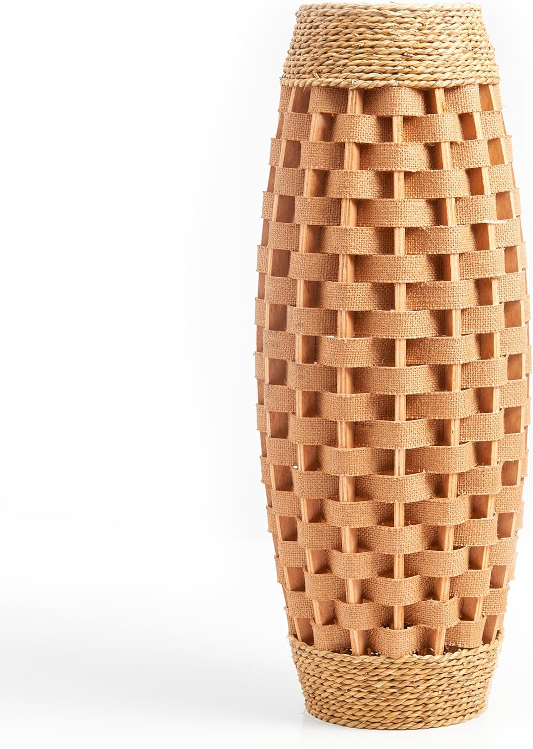 Hand Woven Wood & Seagrass Tall Vase Decorative Large Basket Home Flower Holder