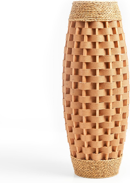 Hand Woven Wood & Seagrass Tall Vase Decorative Large Basket Home Flower Holder