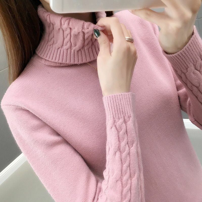 Women Sweater Turtleneck Pullovers Long Sleeve Thick Warm Female Khaki White S L
