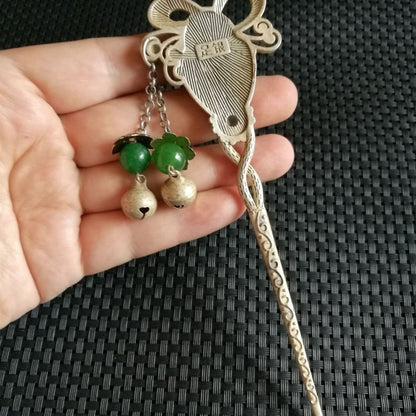 Vintage Silver-Tone Inlaid Green Gem Hairpin Antique Collectible