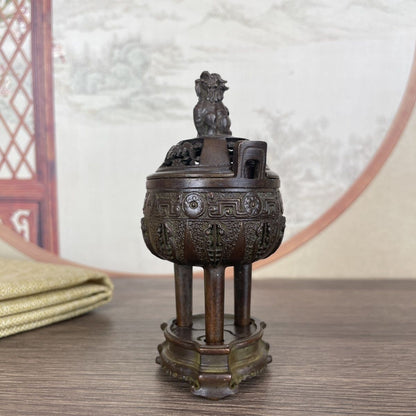 Antique Bronze Tripod Censer Lion Lid Incense Burner for Tea Ceremony