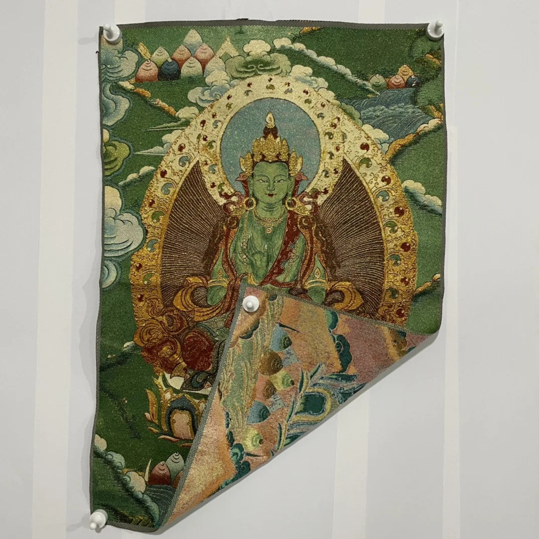 35"Thangka Embroidery Tibetan Buddhism Amitayus Green Tara Buddha lotus platform
