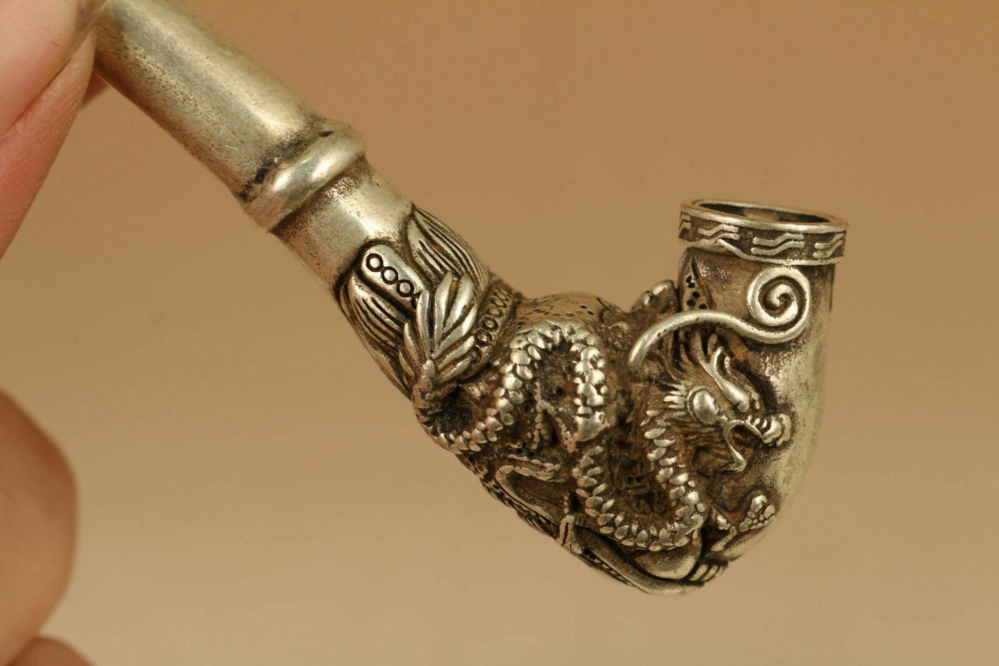 Rare Tibet Silver copper Smoking Tool Statue Old Sacred Opening Dragon Head pipe