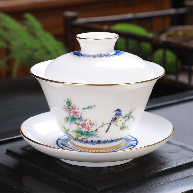 Gaiwan 180ml Great Jade Porcelain Tea Bowl Chinese Tureen Tea Brewer Cup Saucer