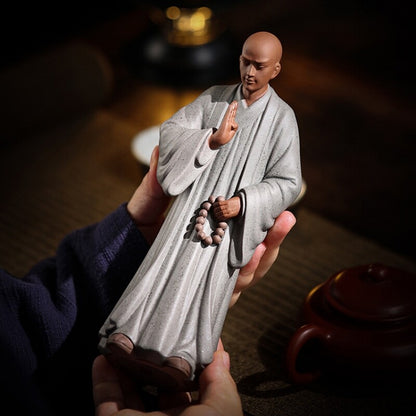 yixing zisha tea pet Buddha monk statue handmade purple clay artware shelf deco