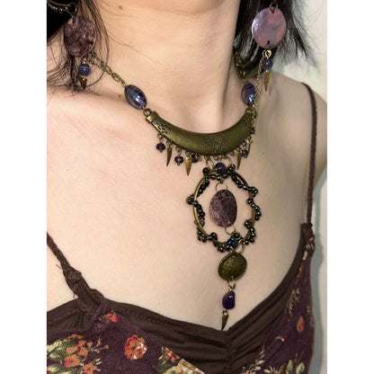 Botang Vintage Shell Purple Stone Necklace Aged Bronze Retro Choker Jewelry