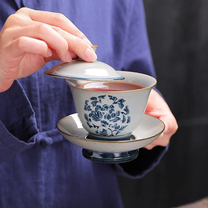 170ml Retro Dehua Hand Painted Gaiwan Blue Porcelain Tea Bowl Tea Set Tureen