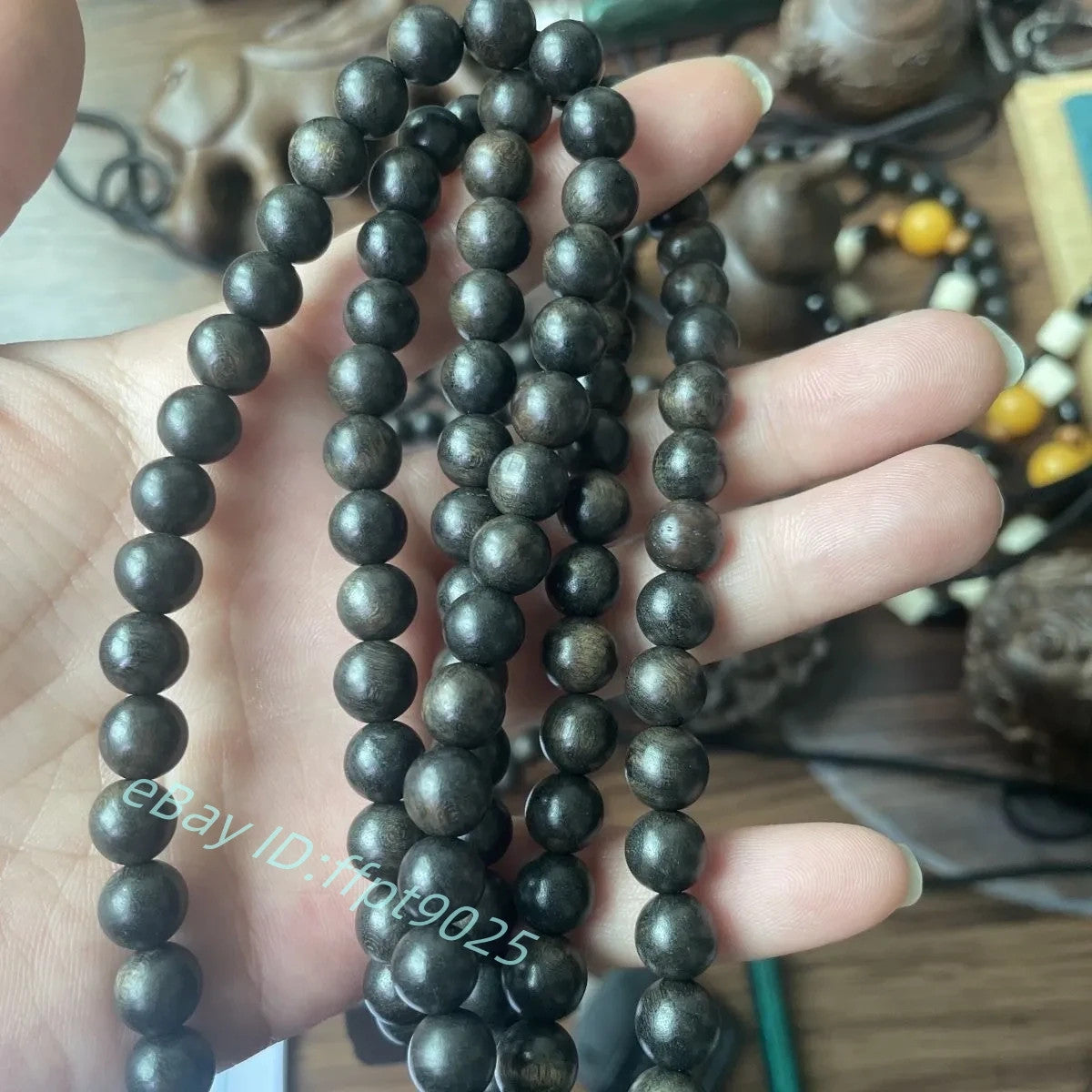 108pcs Prayer Beads Natural Wood Carving Landscape Painting Pendant Necklace