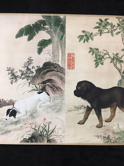 Antique boutique scroll painting, a ten dog painting by Lang Shining