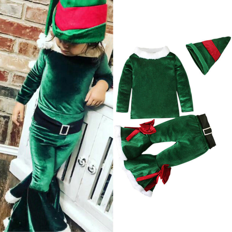 4pcs Baby Kids Girls Christmas Cosplay Pullover Tops Pants Hat Belt Set Outfits