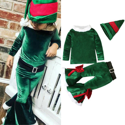 4pcs Baby Kids Girls Christmas Cosplay Pullover Tops Pants Hat Belt Set Outfits