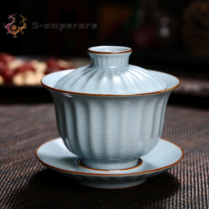 Chinese Porcelain Gaiwan Cup Bowl With Saucer Crackle Glaze Ruyao Craft Tureen