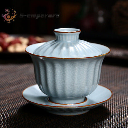 Chinese Porcelain Gaiwan Cup Bowl With Saucer Crackle Glaze Ruyao Craft Tureen
