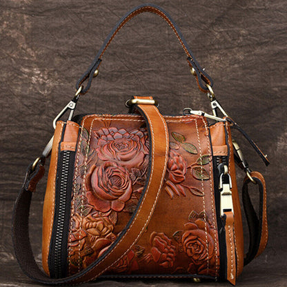Genuine Leather Floral Embroidered Vintage Handbag Women's Tote Shoulder Bags