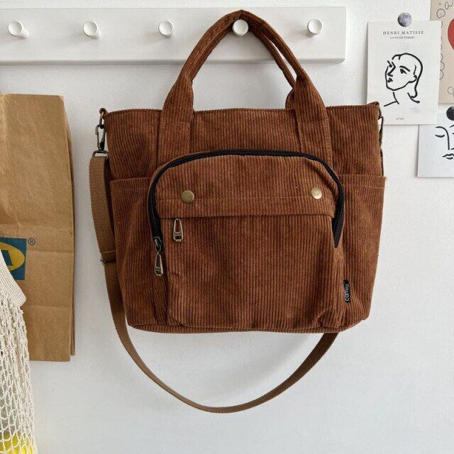 Women Corduroy Shoulder Handbag Canvas Bags Zipper Simple Crossbody Bag