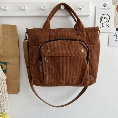 Women Corduroy Shoulder Handbag Canvas Bags Zipper Simple Crossbody Bag