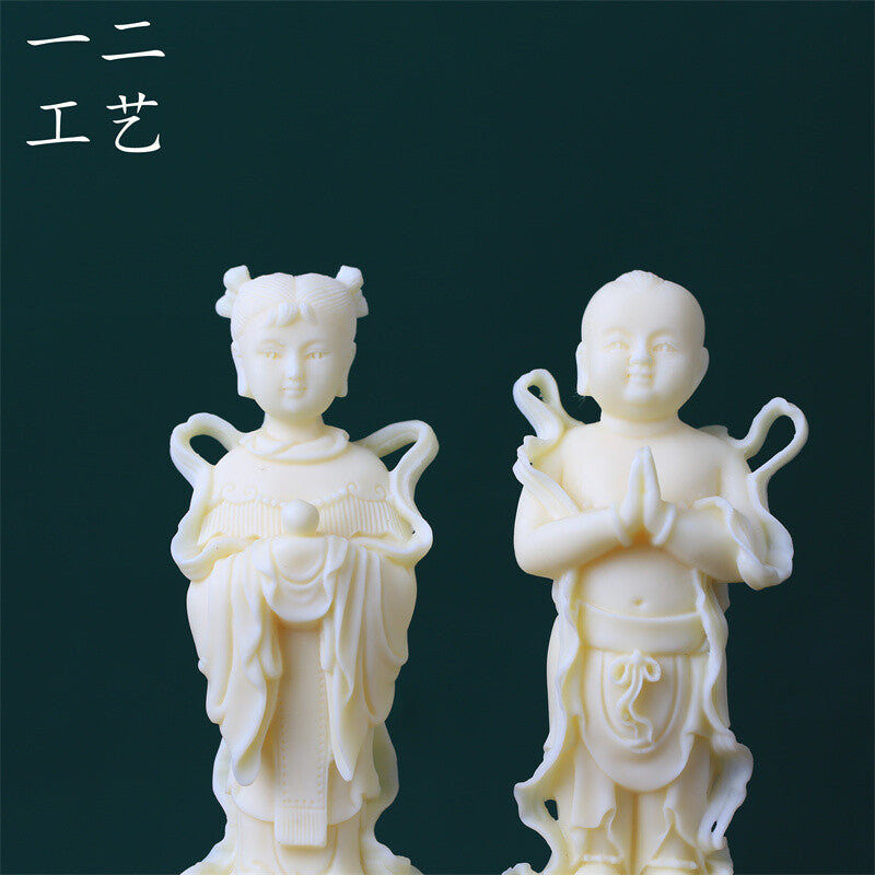 Tagua Nut Golden Boy and Jade Girl Ornament Home Buddha Statue Tea Pet